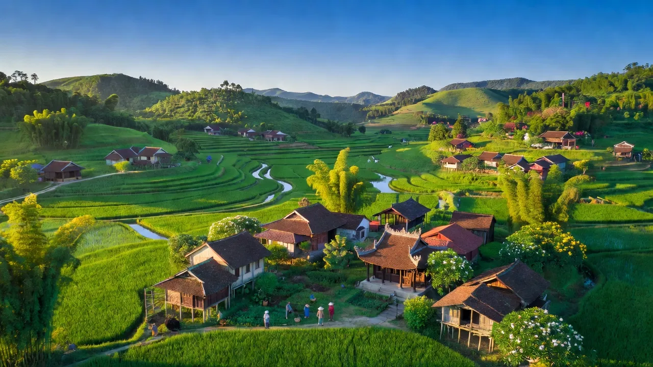 Khung cảnh huyện Tân Kỳ, Nghệ An với đồi núi, thung lũng xanh và làng quê truyền thống.