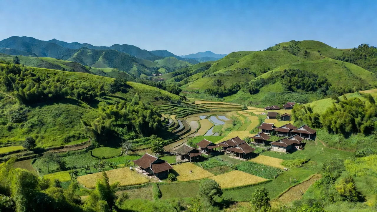 Khung cảnh huyện Tân Kỳ, tỉnh Nghệ An, với đồi núi thấp và thung lũng xanh tươi.