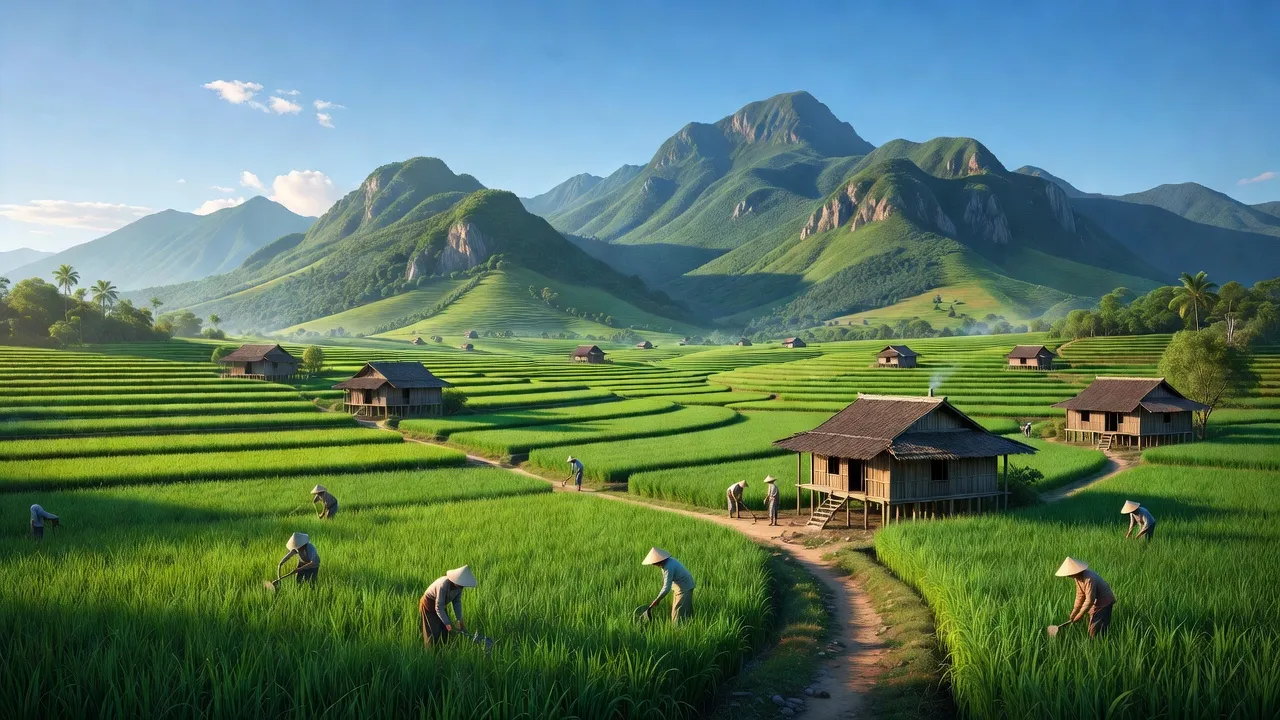 Cảnh đẹp Xã Đồng Văn, Huyện Tân Kỳ với cánh đồng xanh và núi non hùng vĩ ở Nghệ An.