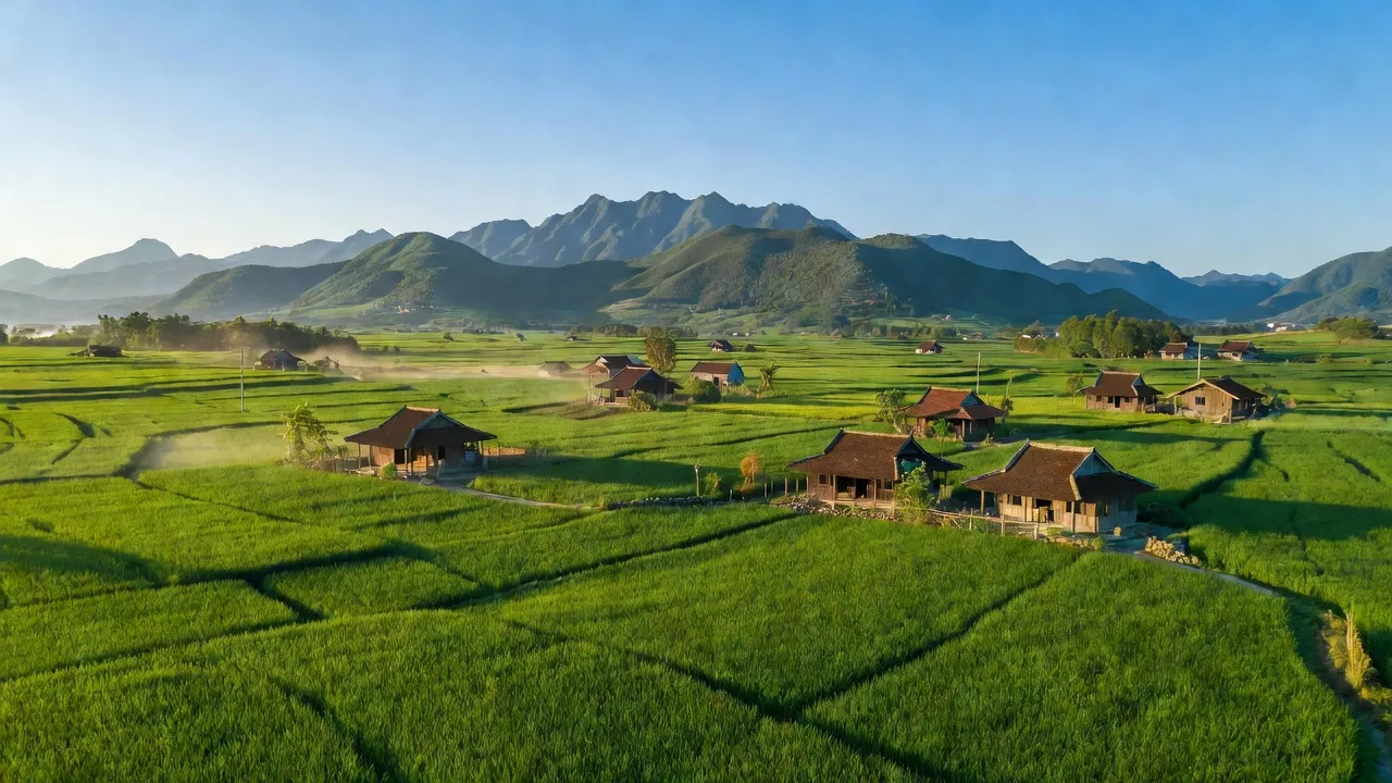 Cảnh quan Xã Giai Xuân, Tân Kỳ, Nghệ An với cánh đồng xanh và nhà truyền thống.
