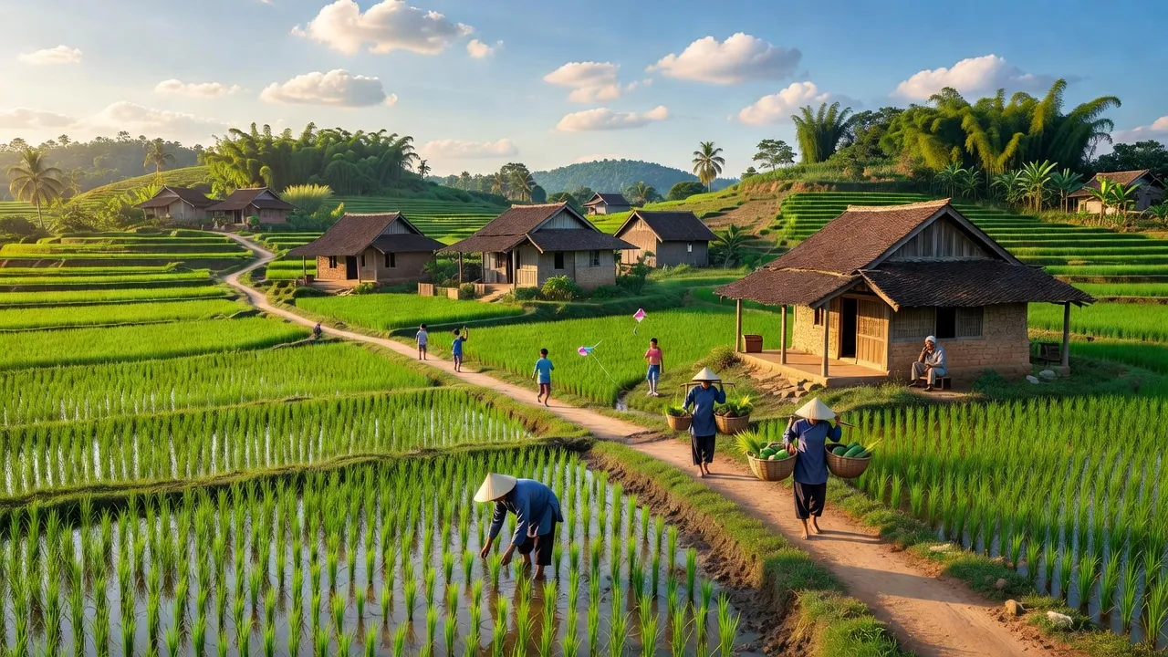 Khung cảnh nông thôn xã Hoàn Long, huyện Tân Kỳ, tỉnh Nghệ An, với cánh đồng xanh tươi.