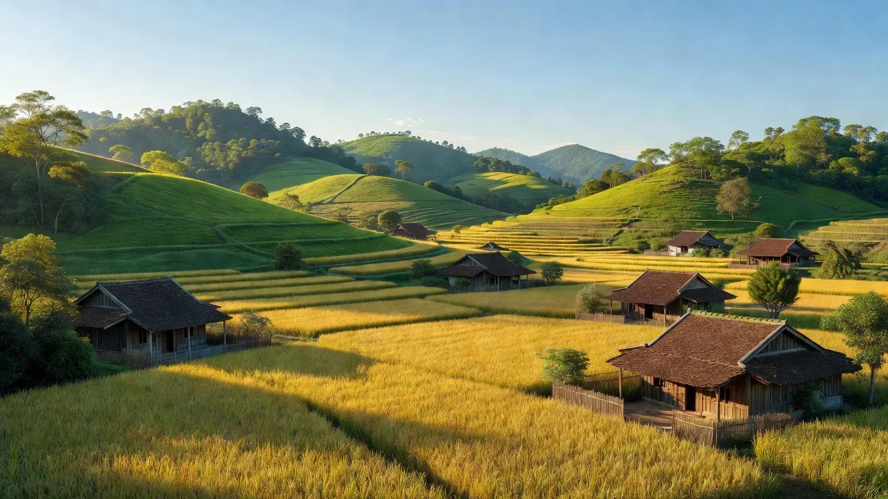 Cảnh đẹp xã Hương Sơn, huyện Tân Kỳ, Nghệ An với đồng lúa và đồi núi xanh tươi.