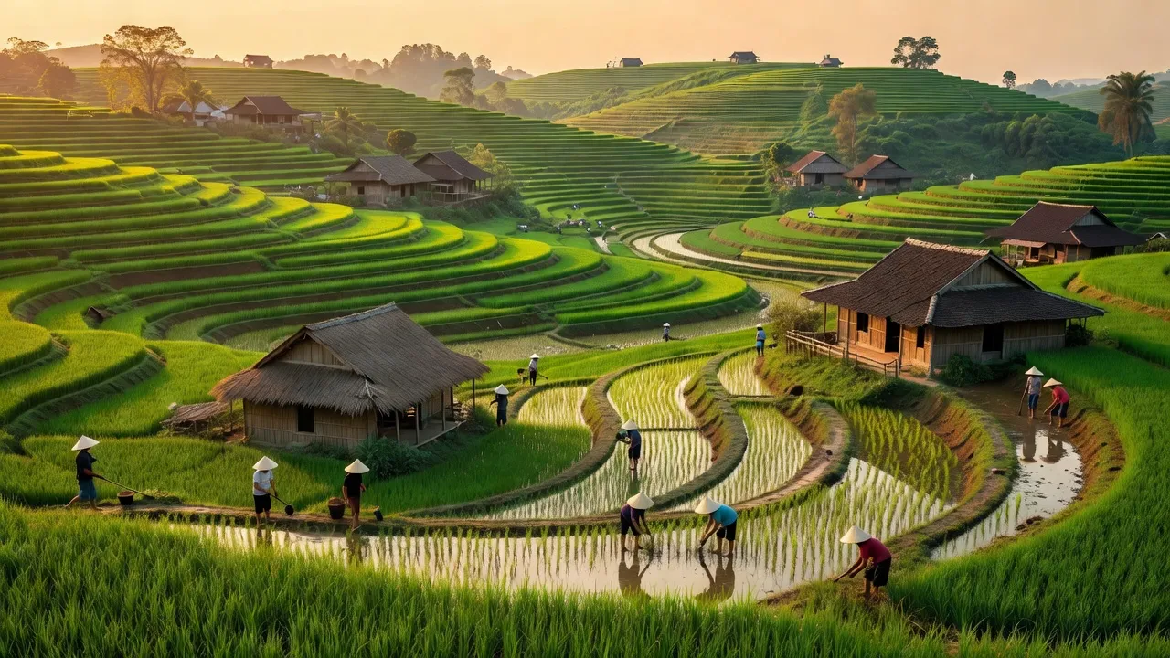 Khung cảnh xã Kỳ Sơn, huyện Tân Kỳ, Nghệ An với đồng ruộng và nhà truyền thống.