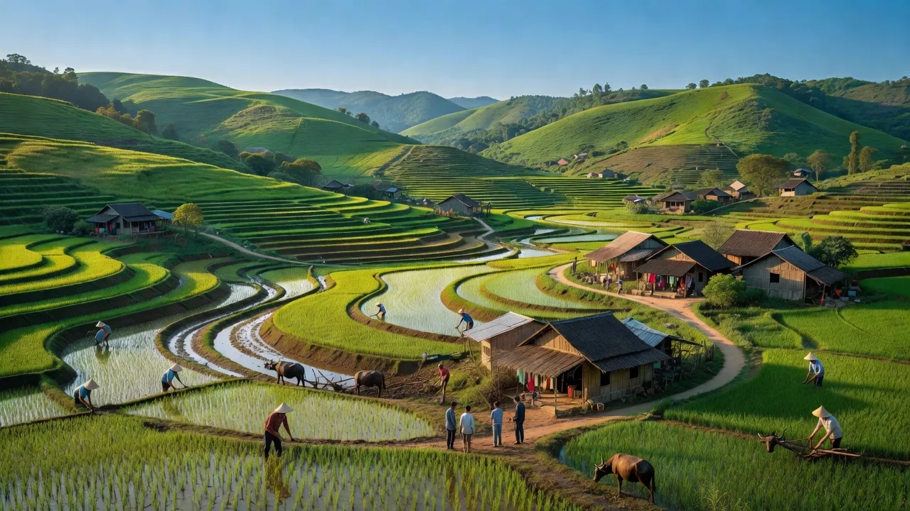 Phong cảnh nông thôn xã Kỳ Sơn, huyện Tân Kỳ, tỉnh Nghệ An với đồi núi và đồng ruộng xanh.