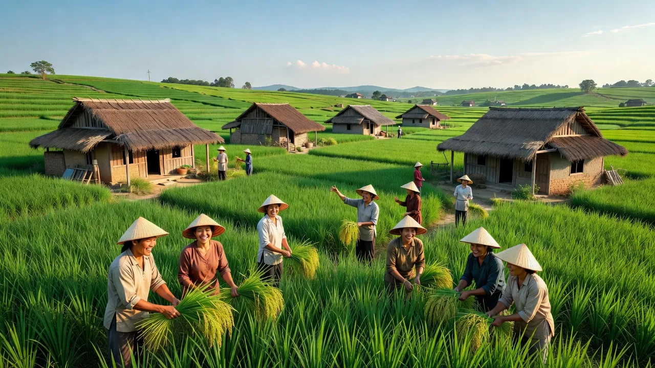 Cảnh quan nông thôn xã Kỳ Tân, huyện Tân Kỳ, Nghệ An với cánh đồng xanh tươi và nhà truyền thống.