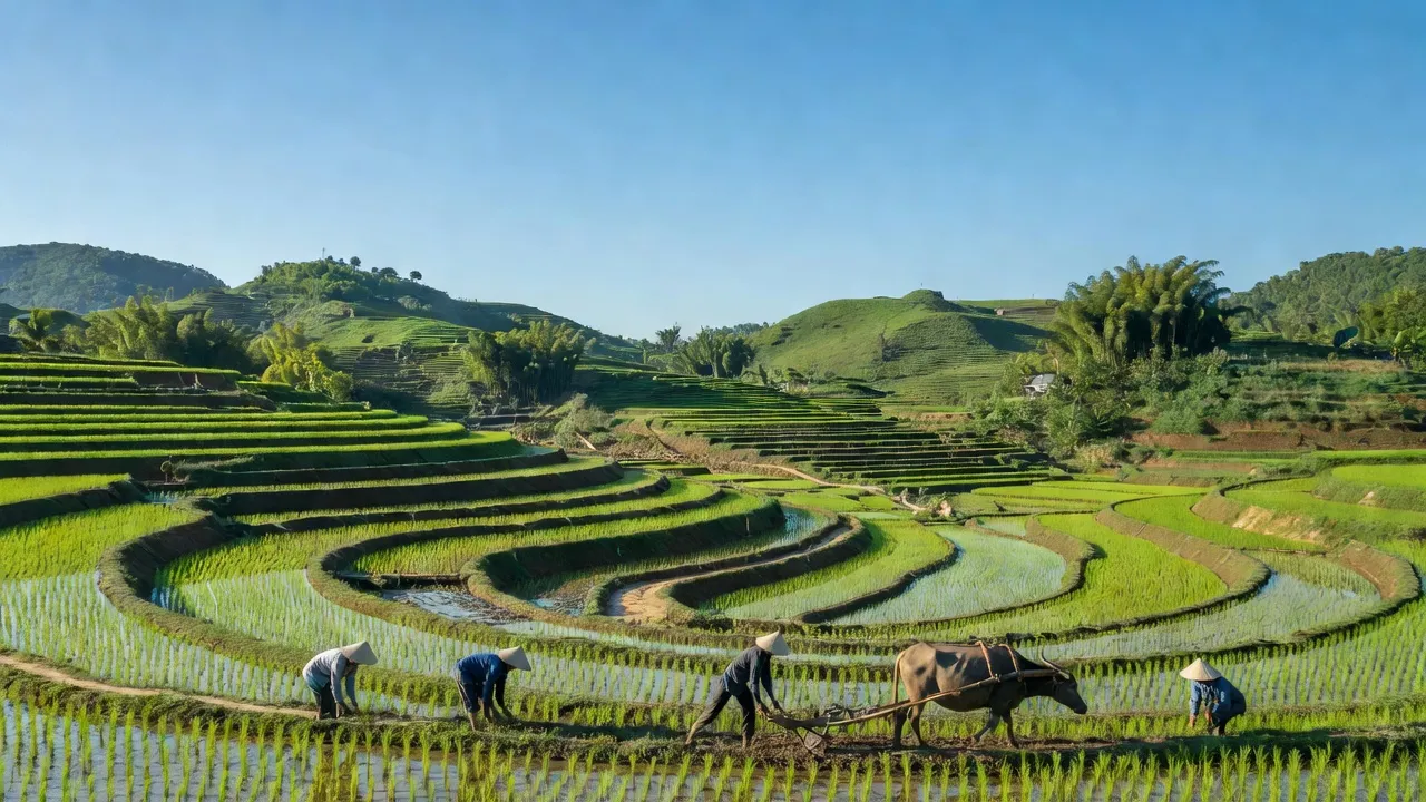 Thiên nhiên xã Nghĩa Đồng, Tân Kỳ, Nghệ An với đồng ruộng và đồi núi xanh tươi.