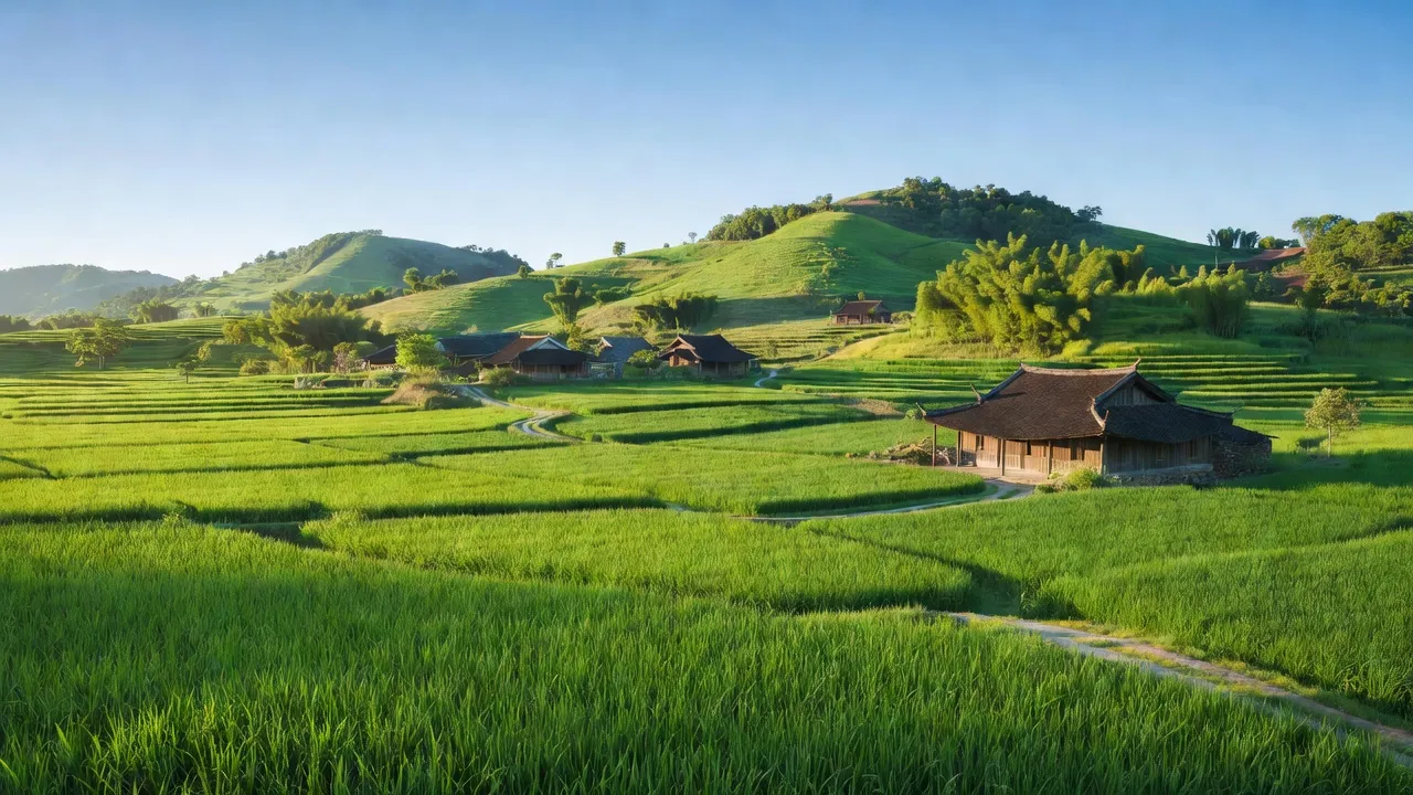 Cảnh đồng xanh và ngôi nhà truyền thống ở xã Nghĩa Dũng, huyện Tân Kỳ, Nghệ An.