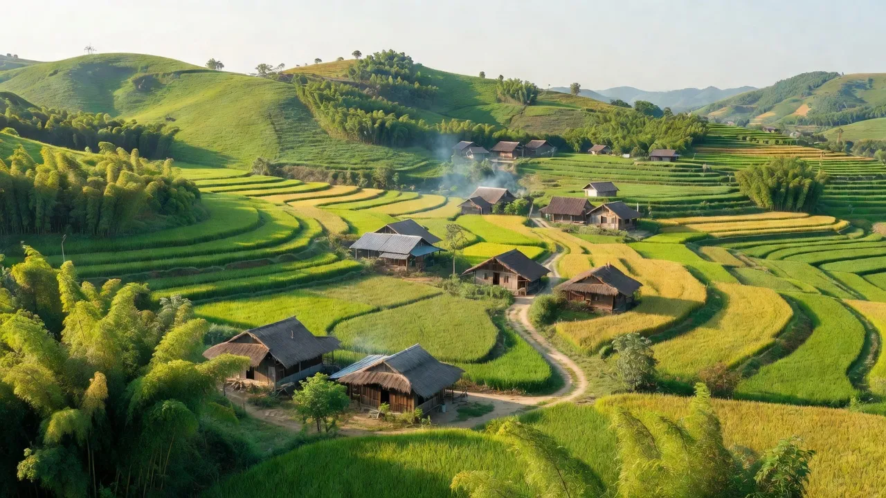 Cảnh quan xã Nghĩa Hành, huyện Tân Kỳ, Nghệ An với những ngọn đồi xanh và cánh đồng lúa.