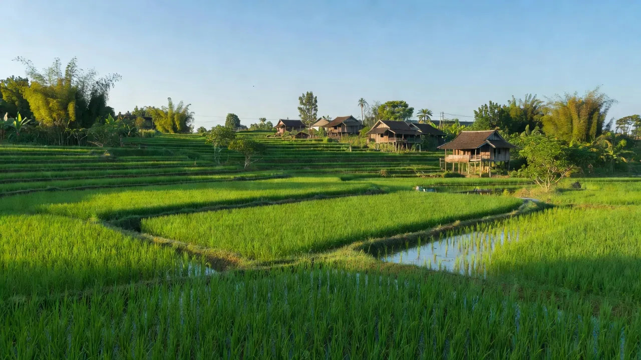 Khung cảnh yên bình tại xã Nghĩa Phúc, huyện Tân Kỳ, tỉnh Nghệ An với cánh đồng xanh.