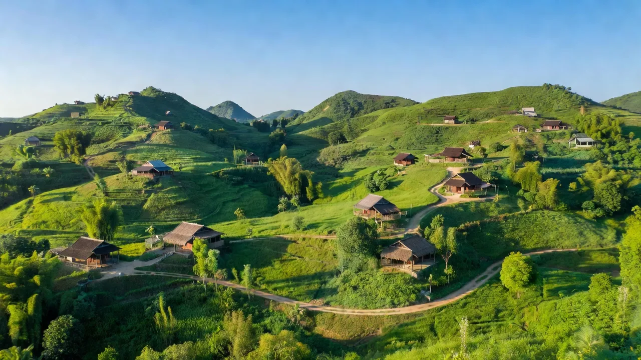 Khung cảnh đẹp thiên nhiên xã Phú Sơn, huyện Tân Kỳ, Nghệ An với đồi núi xanh tươi.