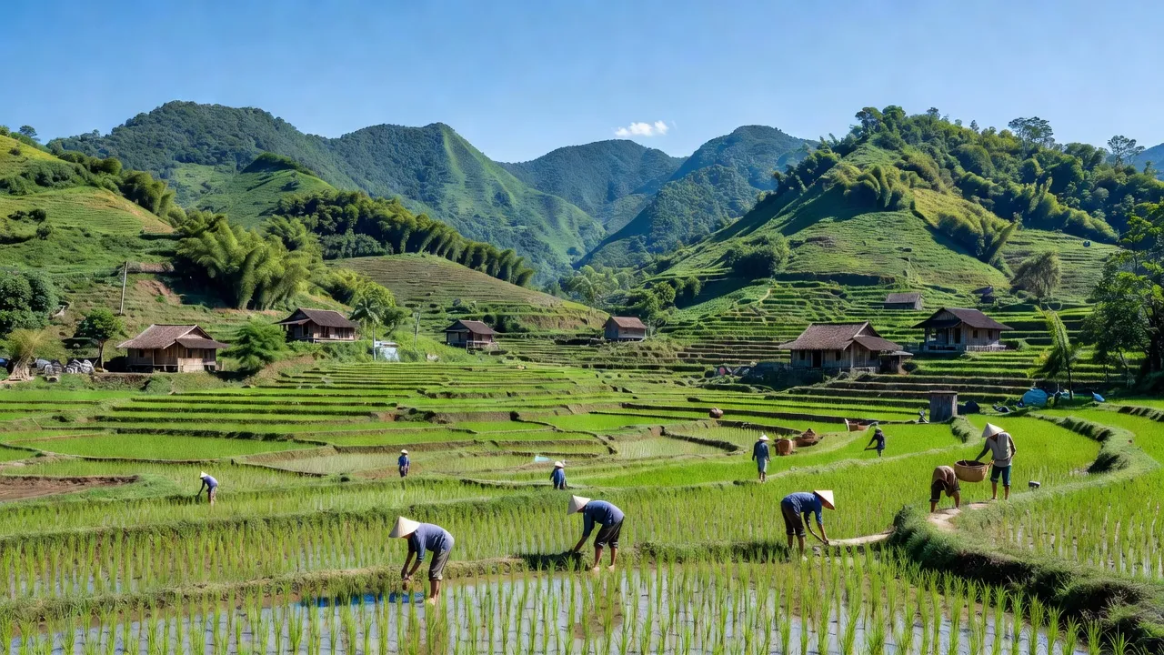 Khung cảnh xã Tân Hợp, huyện Tân Kỳ, Nghệ An với đồi núi, đồng ruộng xanh tươi, nông dân làm việc.