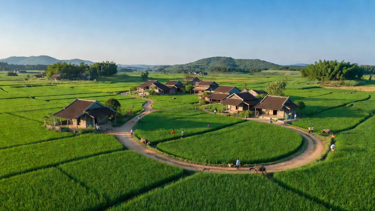 Cảnh quan xã Tân Hương, huyện Tân Kỳ, Nghệ An với cánh đồng xanh và đường giao thông.
