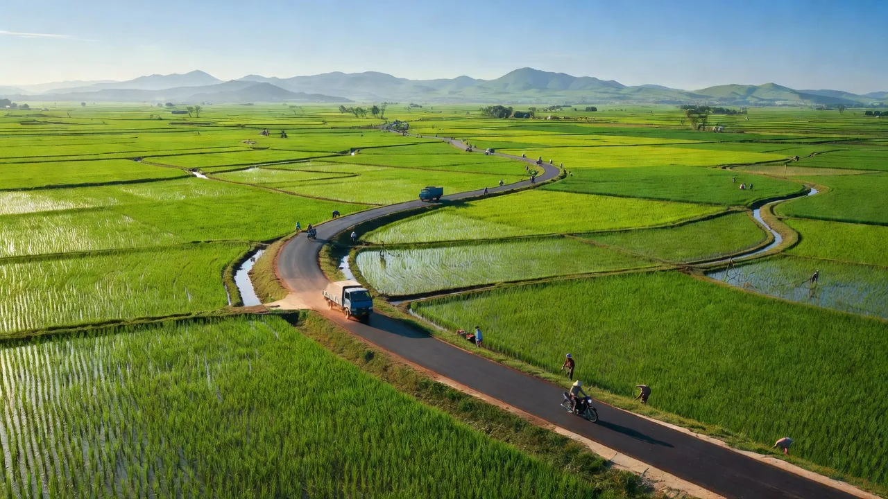 Cảnh quan xã Tân Hương, huyện Tân Kỳ, Nghệ An với đường Hồ Chí Minh và cánh đồng xanh.