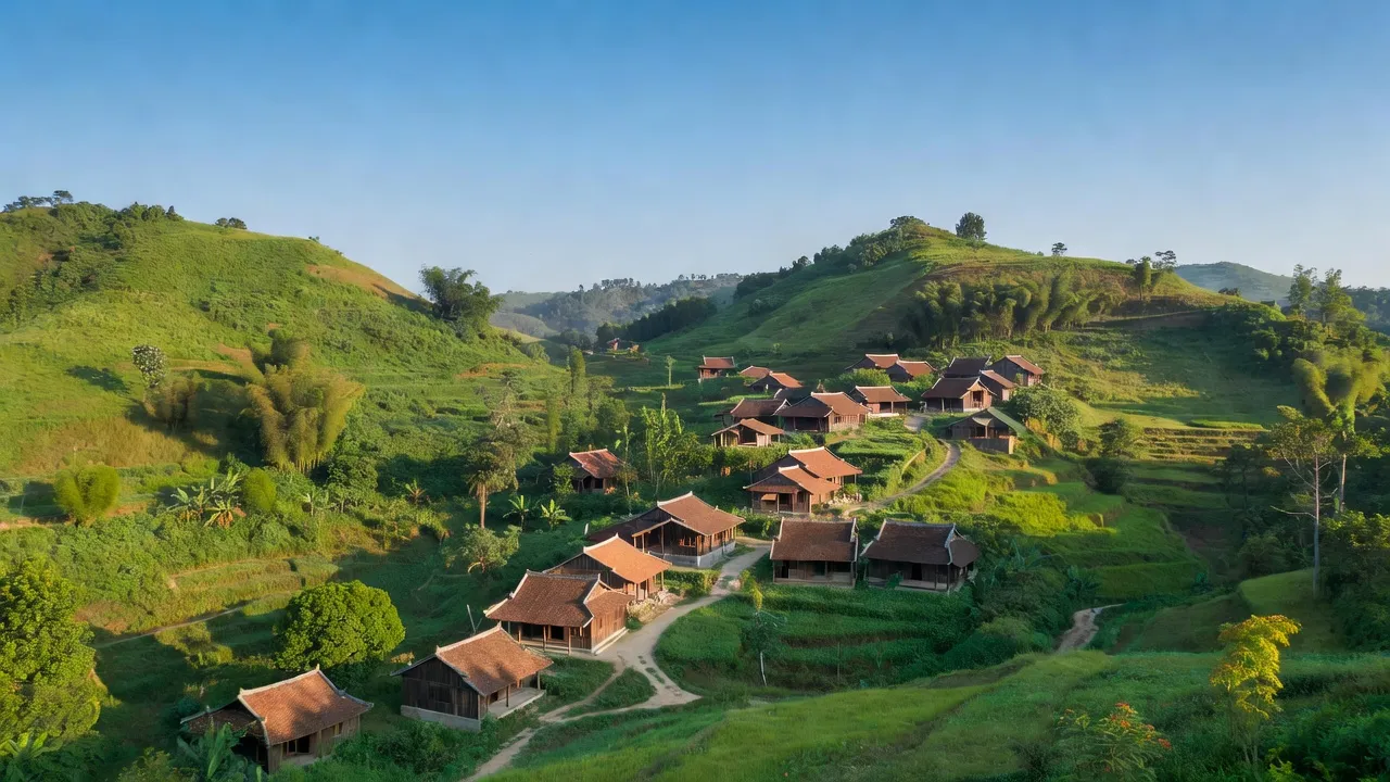 Khung cảnh Xã Tân Phú, huyện Tân Kỳ, Nghệ An với đồi xanh và kiến trúc truyền thống.