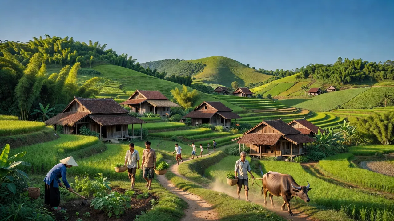Khung cảnh yên bình xã Tân Phú, huyện Tân Kỳ, Nghệ An với nhà truyền thống và cây xanh.