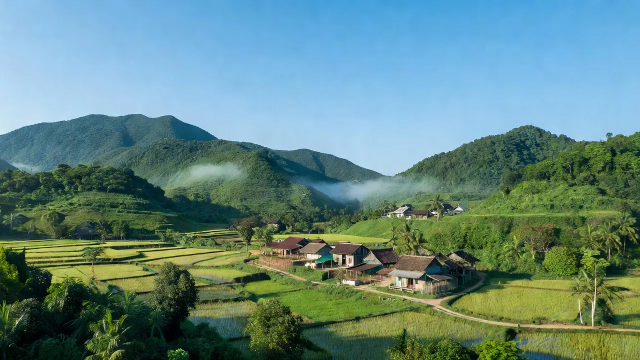 Cảnh quan Tân Xuân, huyện Tân Kỳ, Nghệ An với núi xanh, làng quê yên bình, trời trong xanh.