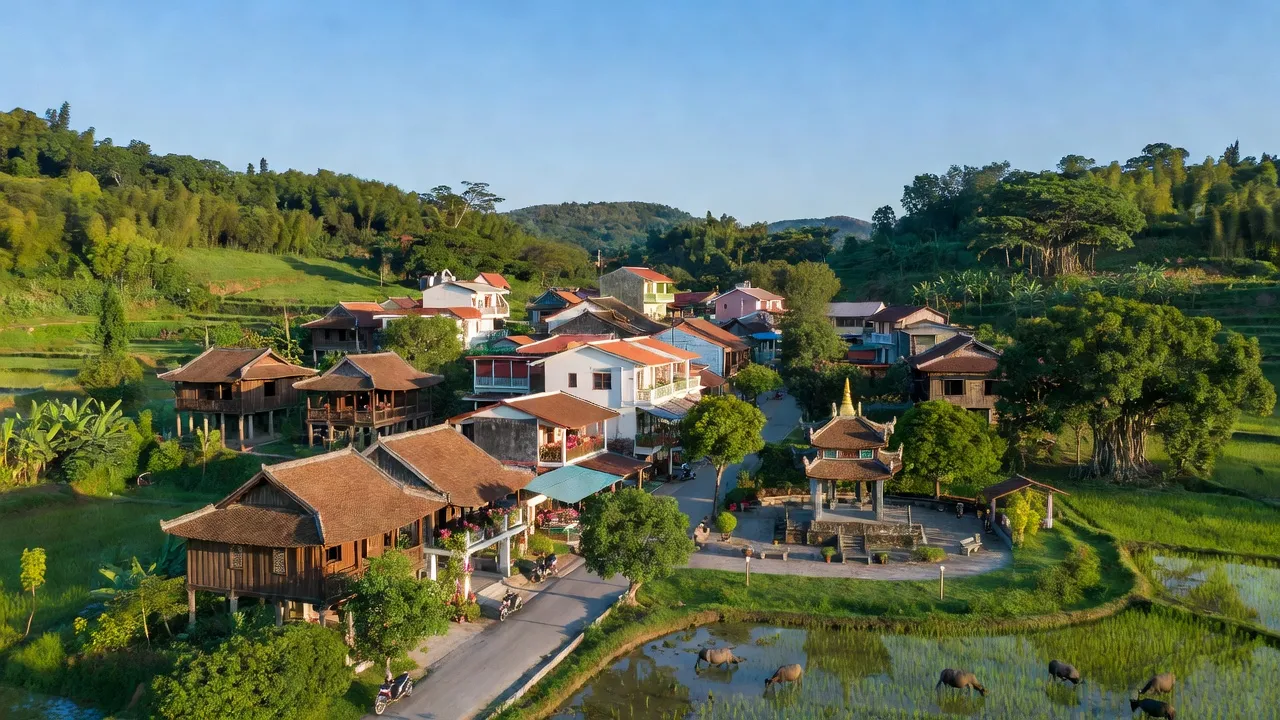 Khung cảnh thơ mộng Thái Hoà, Nghệ An với cảnh quan xanh tươi và kiến trúc đặc trưng.