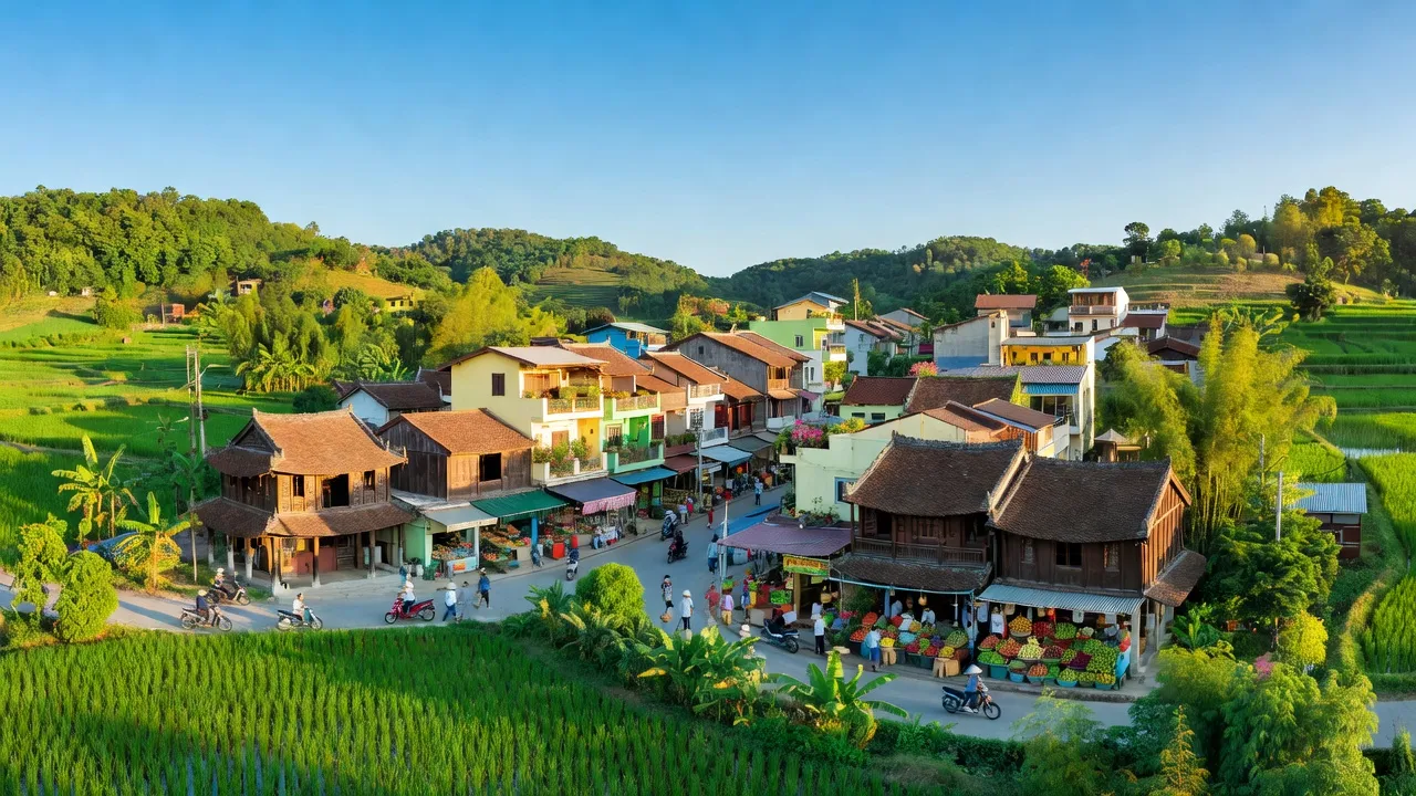 Toàn cảnh thị xã Thái Hoà, Nghệ An với cây xanh, kiến trúc địa phương và nền trời trong xanh.