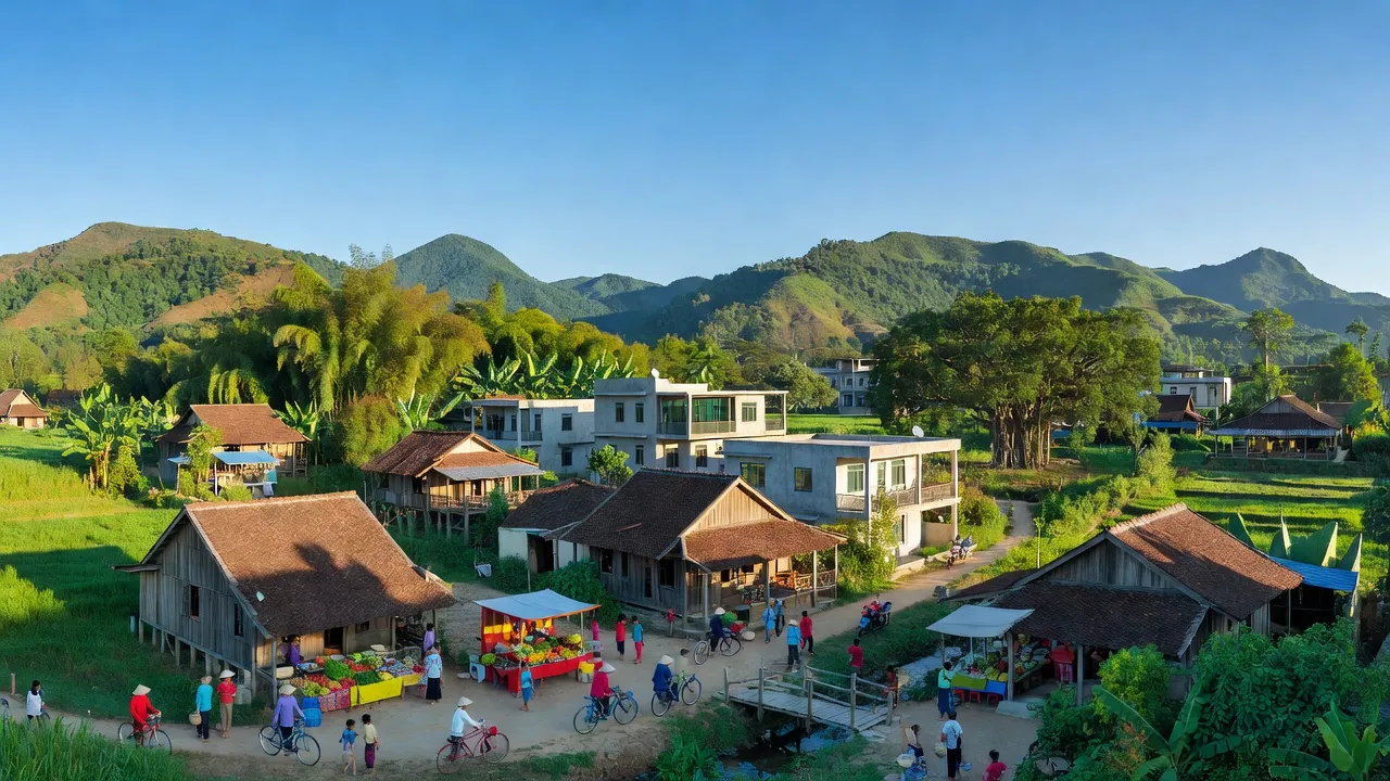 Khung cảnh Phường Long Sơn, Thái Hòa, Nghệ An với núi non xanh tươi và nhà truyền thống.
