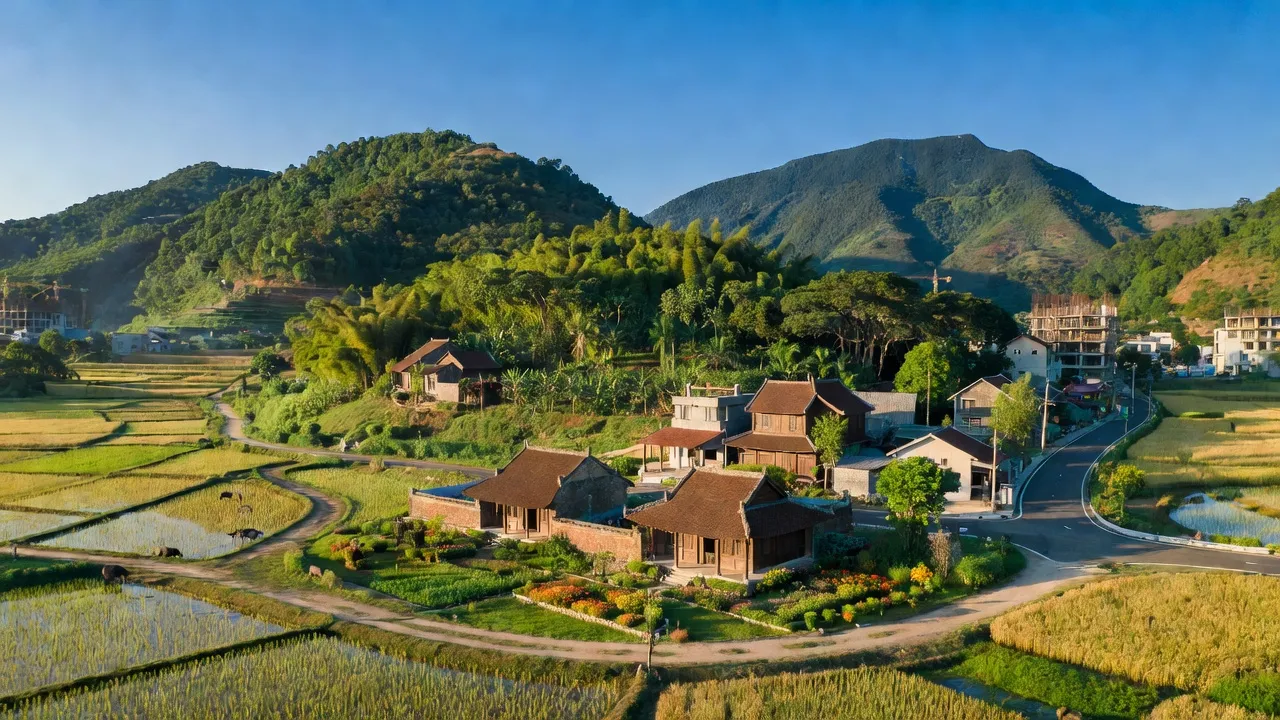 Khung cảnh yên bình Phường Long Sơn, Thị xã Thái Hòa, Nghệ An với núi non xanh tươi.