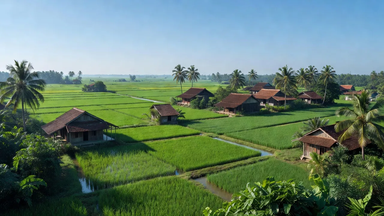 Cảnh đồng xanh Nghĩa Mỹ, Thái Hoà, Nghệ An với khí hậu nhiệt đới và nhà truyền thống