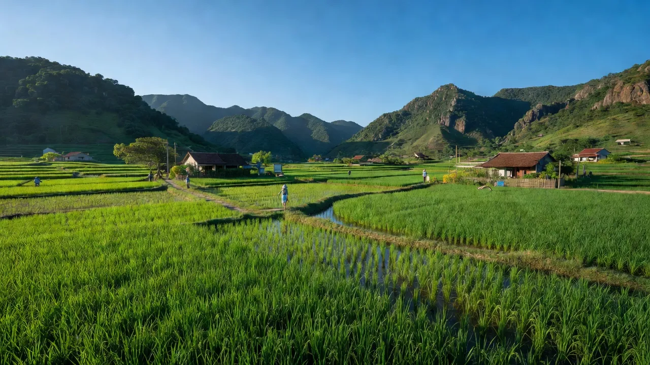 Cảnh sắc xã Nghĩa Thuận, Thái Hoà, Nghệ An với đồng lúa và núi xanh, bầu trời trong.