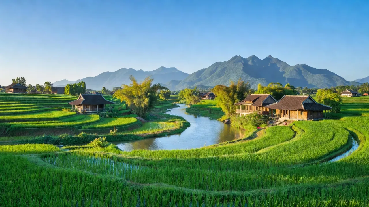 Khung cảnh bình yên ở xã Nghĩa Tiến, thị xã Thái Hòa với cánh đồng xanh và núi non đẹp.