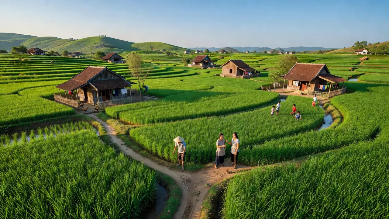 Khung cảnh Nghĩa Tiến, Thái Hòa, Nghệ An với cánh đồng xanh và nhà truyền thống.
