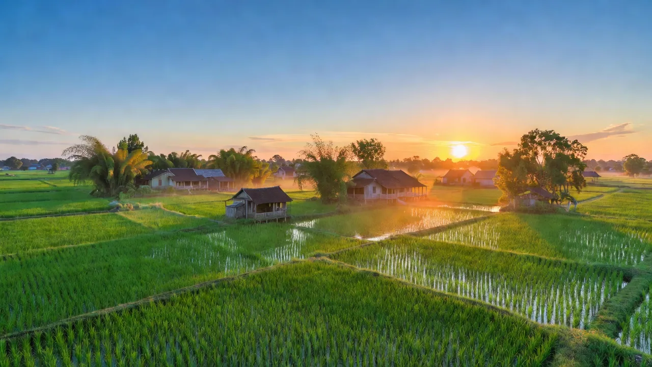 Cảnh đẹp xã Tây Hiếu, Thị xã Thái Hòa, Nghệ An với cánh đồng xanh và nhà truyền thống.