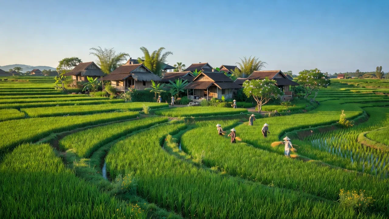 Khung cảnh đẹp của xã Tây Hiếu, Thị xã Thái Hòa, tỉnh Nghệ An với ruộng xanh và nhà truyền thống.