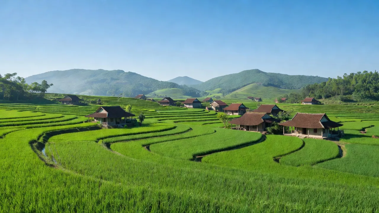 Khung cảnh xã Cát Văn huyện Thanh Chương Nghệ An với cánh đồng xanh và nhà truyền thống.