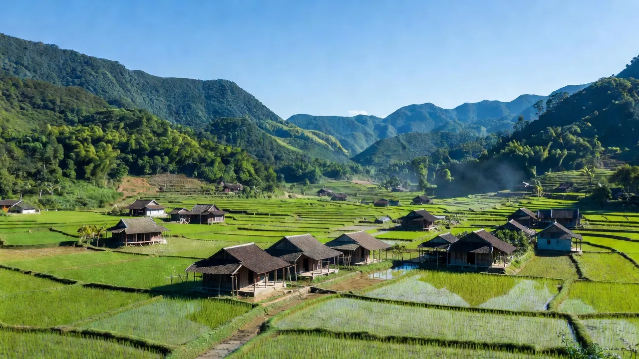 Panoramic view of Đồng Văn village, Thanh Chương, Nghệ An with mountains and rice fields.
