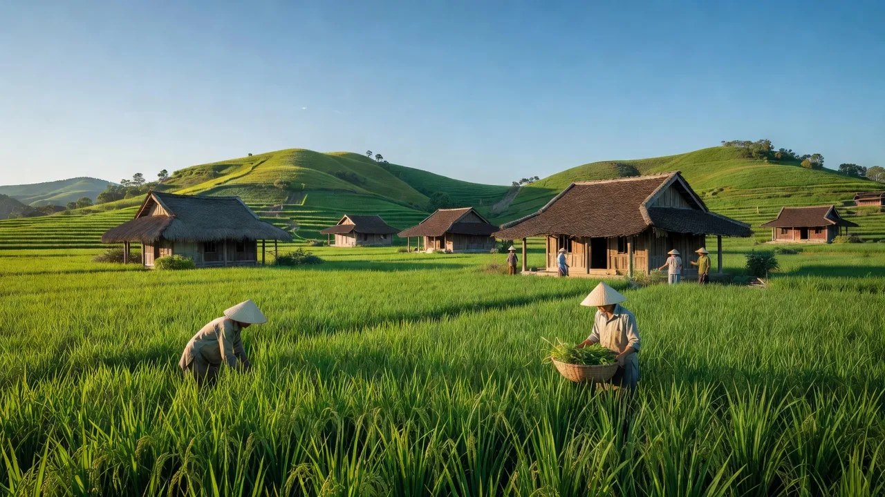 Cảnh đẹp tự nhiên xã Kim Bảng, huyện Thanh Chương, Nghệ An với cánh đồng và nhà truyền thống.