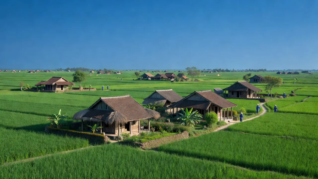 Cảnh đẹp xã Mai Giang, huyện Thanh Chương, Nghệ An với đồng xanh, nhà truyền thống, bầu trời trong sáng.
