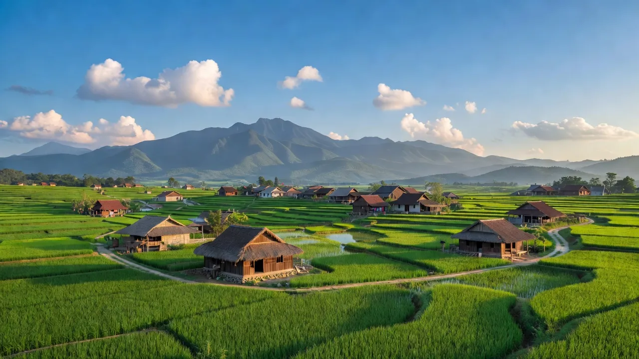 Khung cảnh bình yên xã Minh Sơn, huyện Thanh Chương, Nghệ An với ruộng xanh, nhà truyền thống.