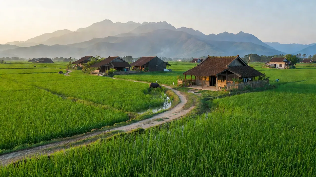 Cảnh sắc xanh tươi của xã Minh Tiến, huyện Thanh Chương, tỉnh Nghệ An, với núi non và cánh đồng.