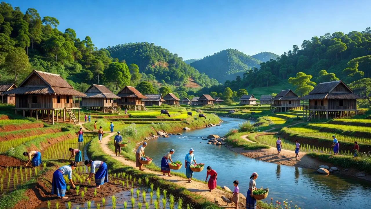 Ngọc Lâm xã in huyện Thanh Chương, Nghệ An, stunning mountainous landscape and traditional Thai homes.