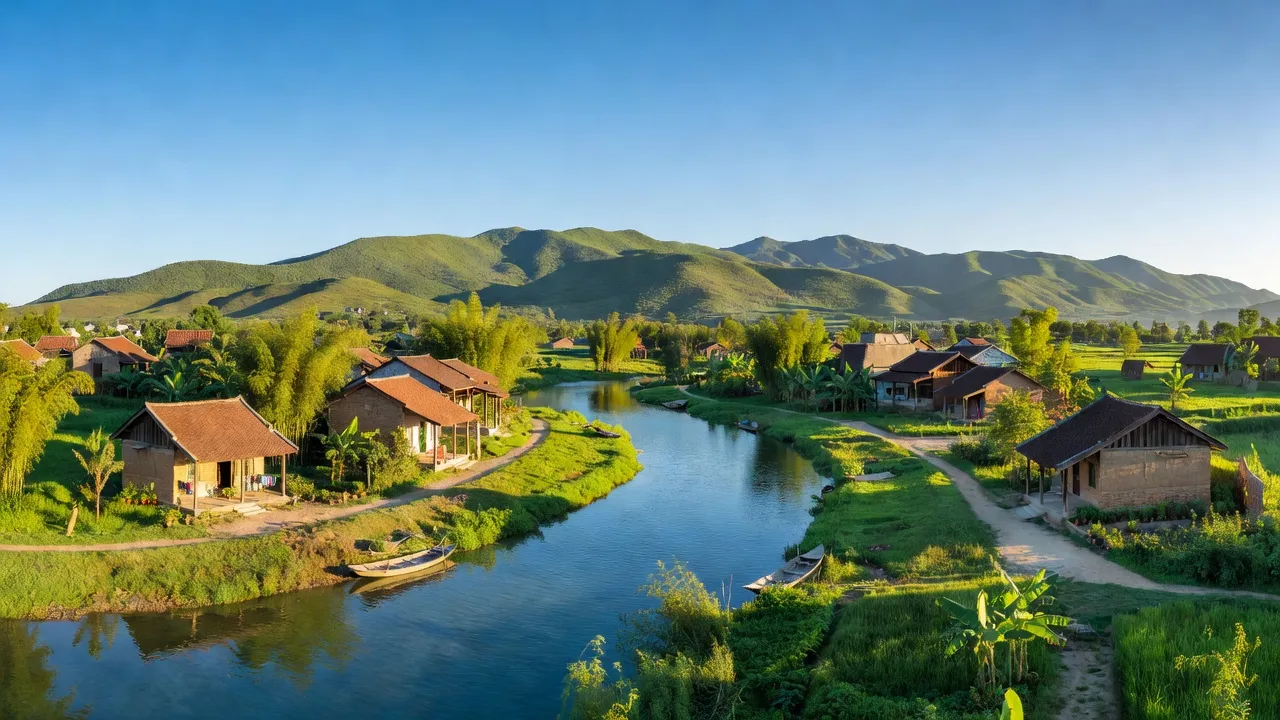 Cảnh đẹp xã Ngọc Sơn, huyện Thanh Chương, Nghệ An với núi non, sông suối và nhà truyền thống.