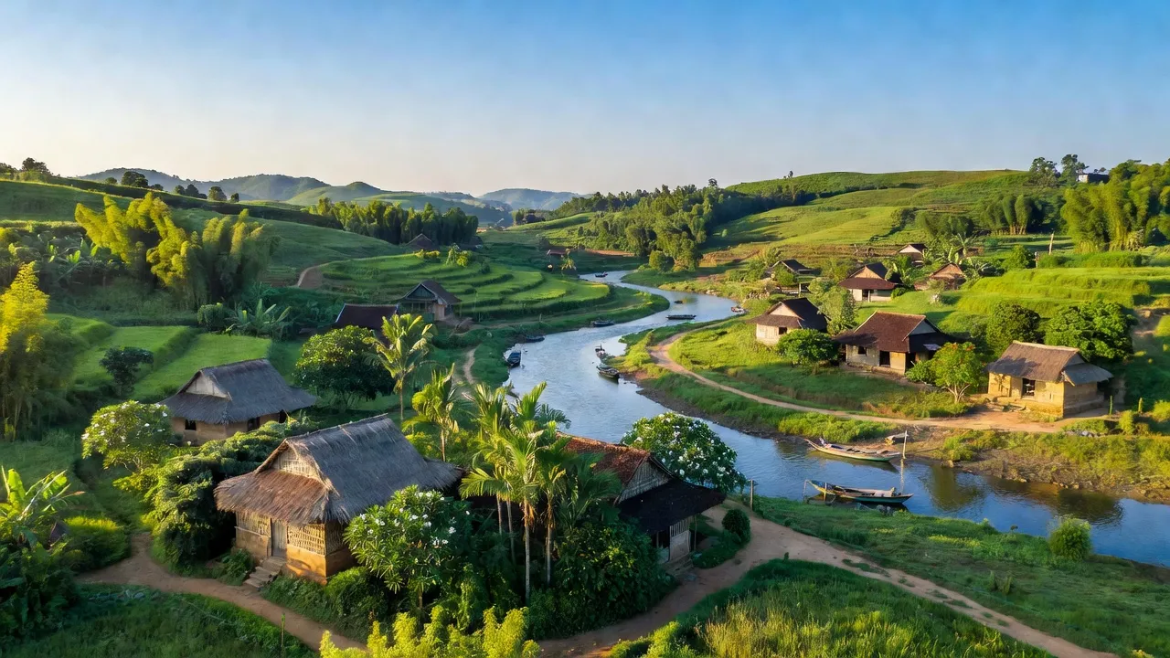 Cảnh đẹp xã Ngọc Sơn, huyện Thanh Chương, tỉnh Nghệ An với đồi núi xanh tươi và sông suối.