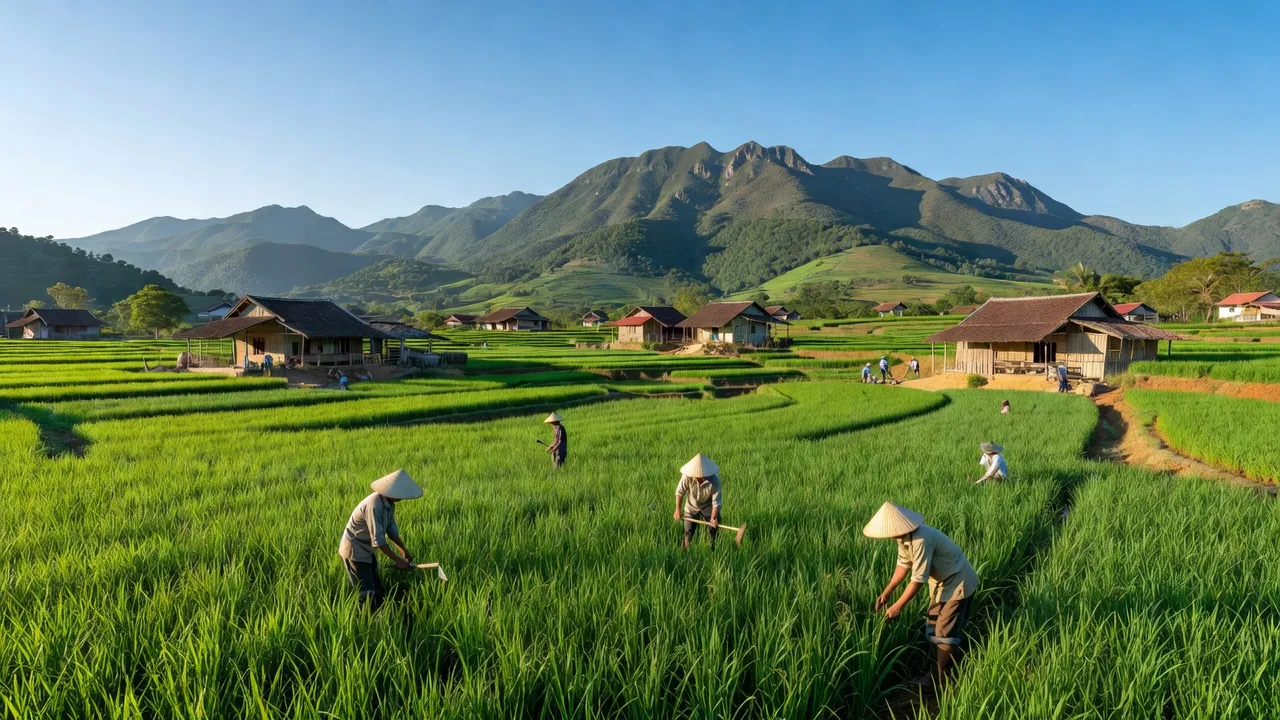 Phong Thịnh, Nghệ An: beautiful mountainous landscape with agriculture, green fields and rural life.