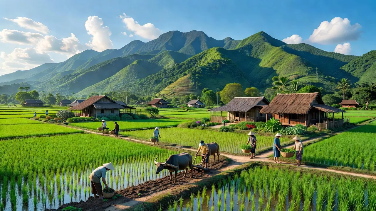 Phong Thịnh, Thanh Chương, Nghệ An with green mountains and agricultural fields under blue sky.