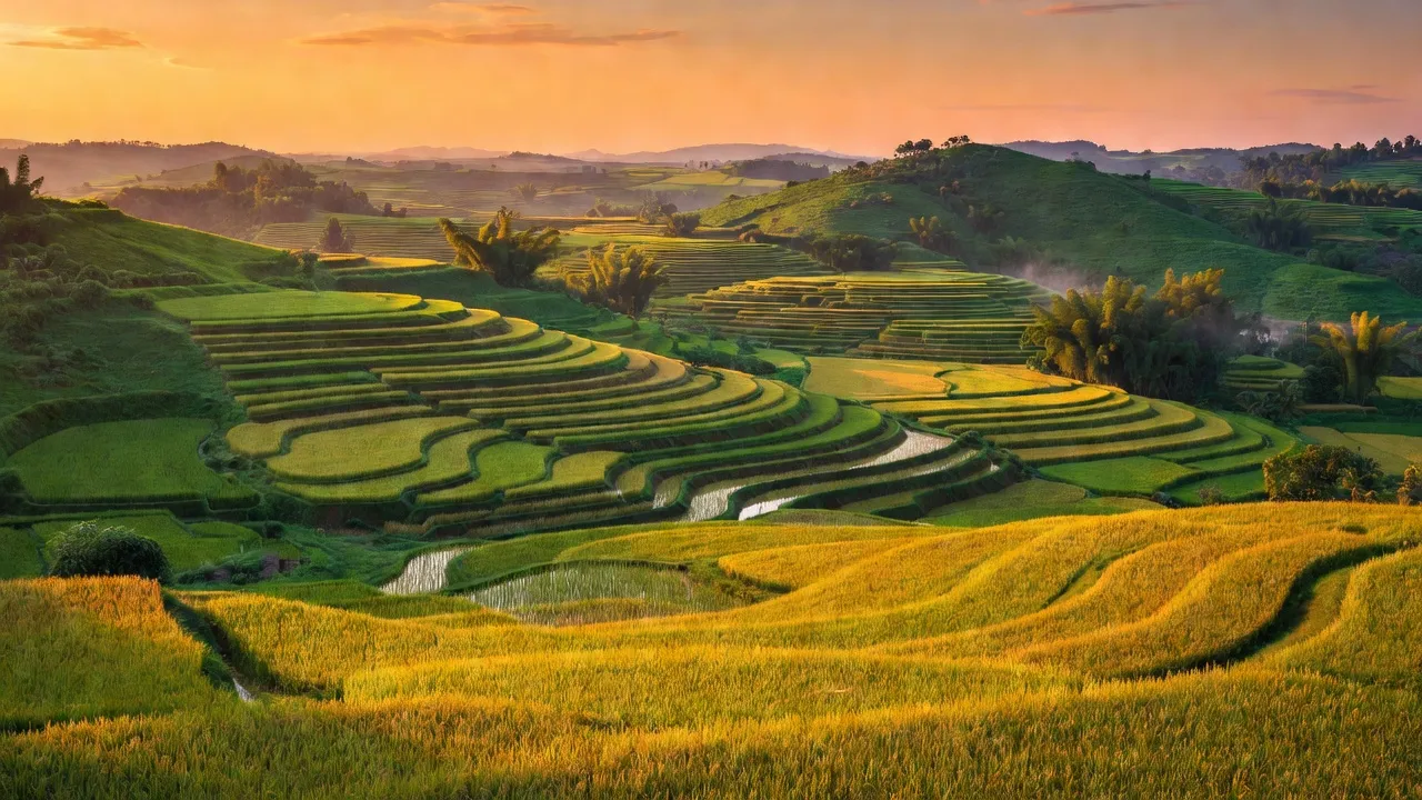 Khung cảnh thiên nhiên Xã Thanh An, huyện Thanh Chương, Nghệ An với đồng lúa và đồi xanh.