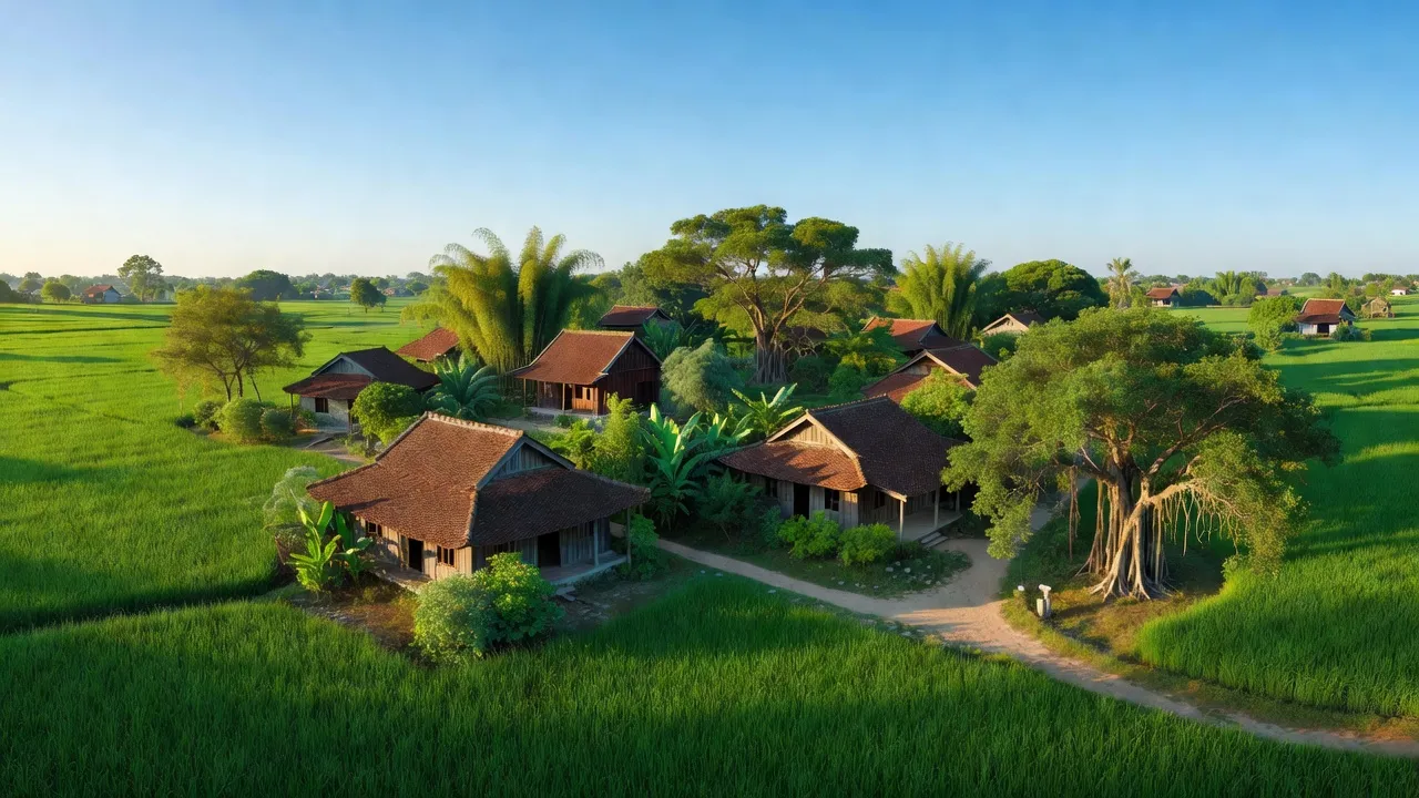 Cảnh nông thôn xã Thanh Hà, huyện Thanh Chương, tỉnh Nghệ An với cánh đồng xanh và nhà truyền thống.