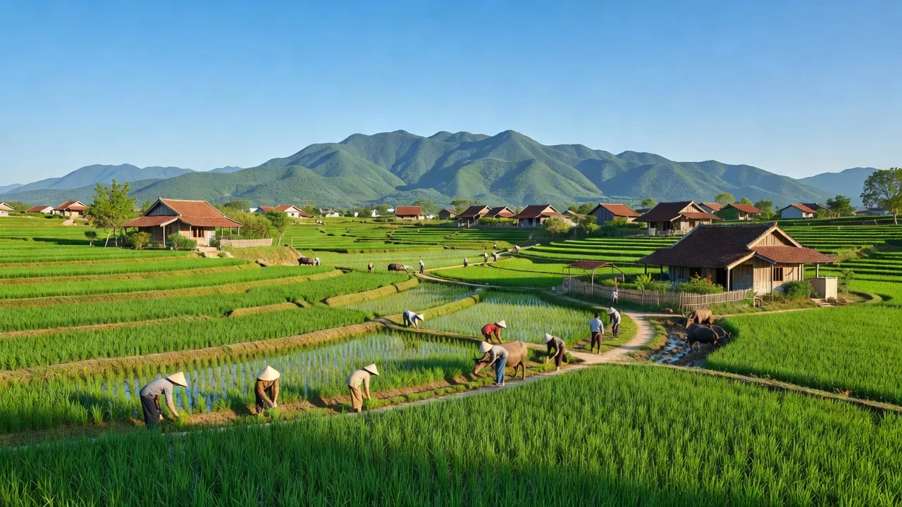 Cảnh quan xã Thanh Hà, huyện Thanh Chương, Nghệ An với cánh đồng xanh và nhà truyền thống