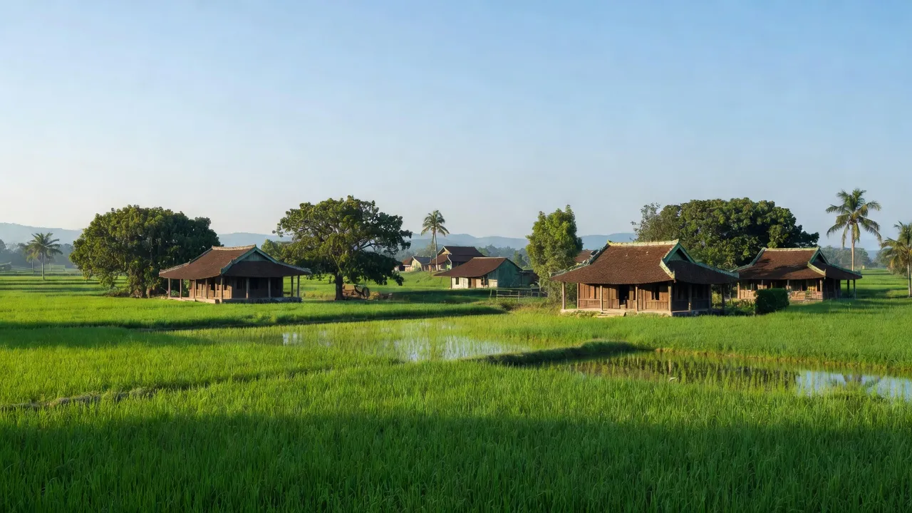 Cảnh đẹp xã Thanh Hương, huyện Thanh Chương, tỉnh Nghệ An với cánh đồng xanh và nhà truyền thống.