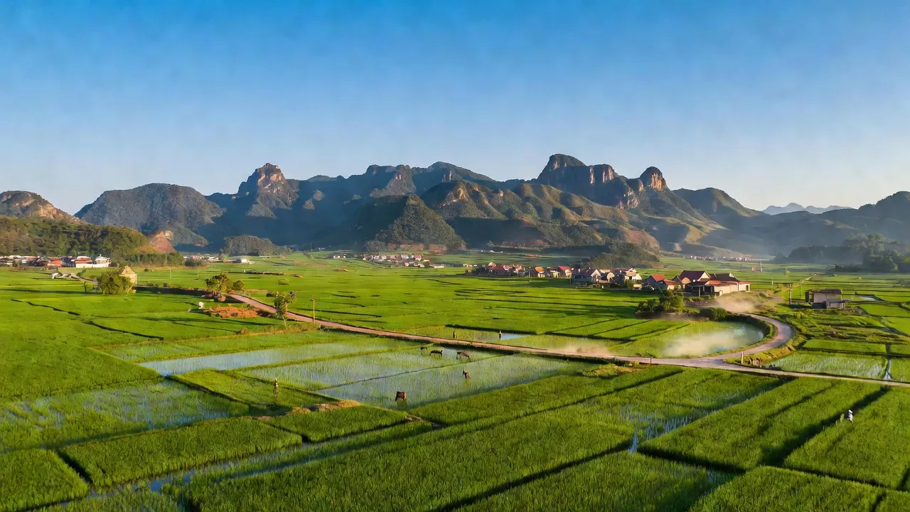 Cảnh đẹp xã Thanh Lâm, huyện Thanh Chương, tỉnh Nghệ An với cánh đồng xanh và núi non.
