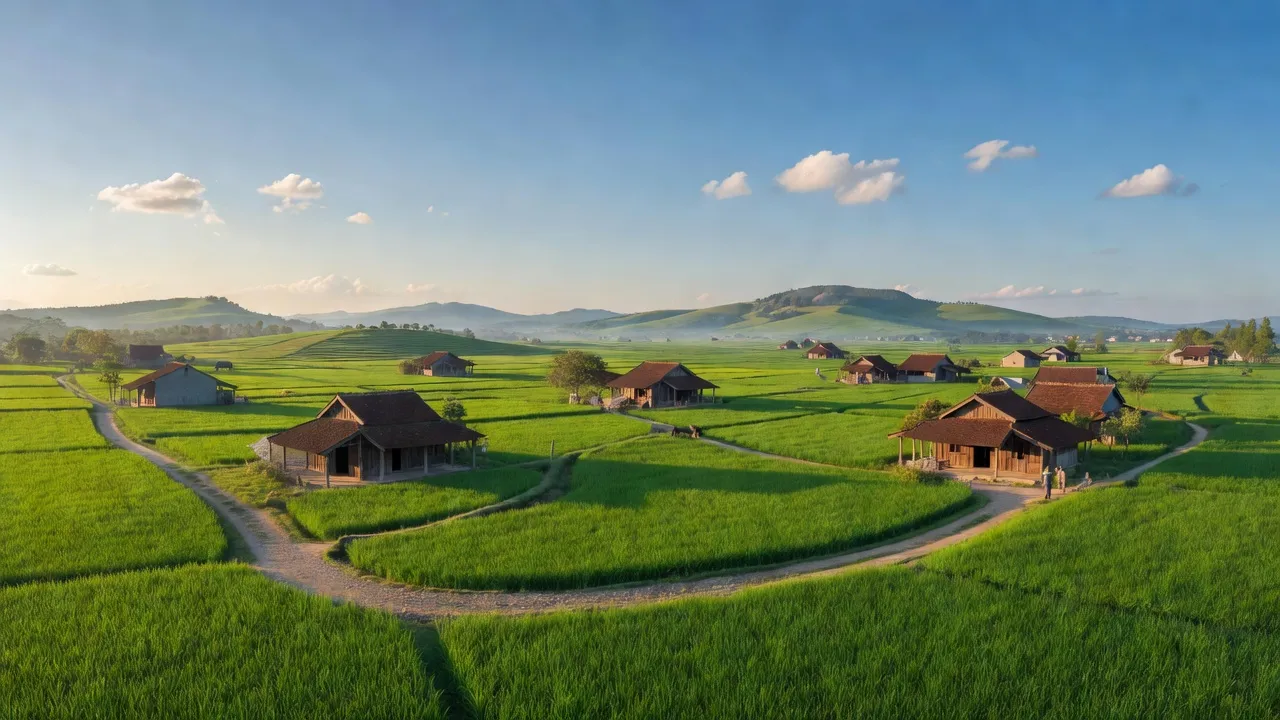 Quang cảnh yên bình xã Thanh Lâm, huyện Thanh Chương, tỉnh Nghệ An với cánh đồng xanh và nhà truyền thống.