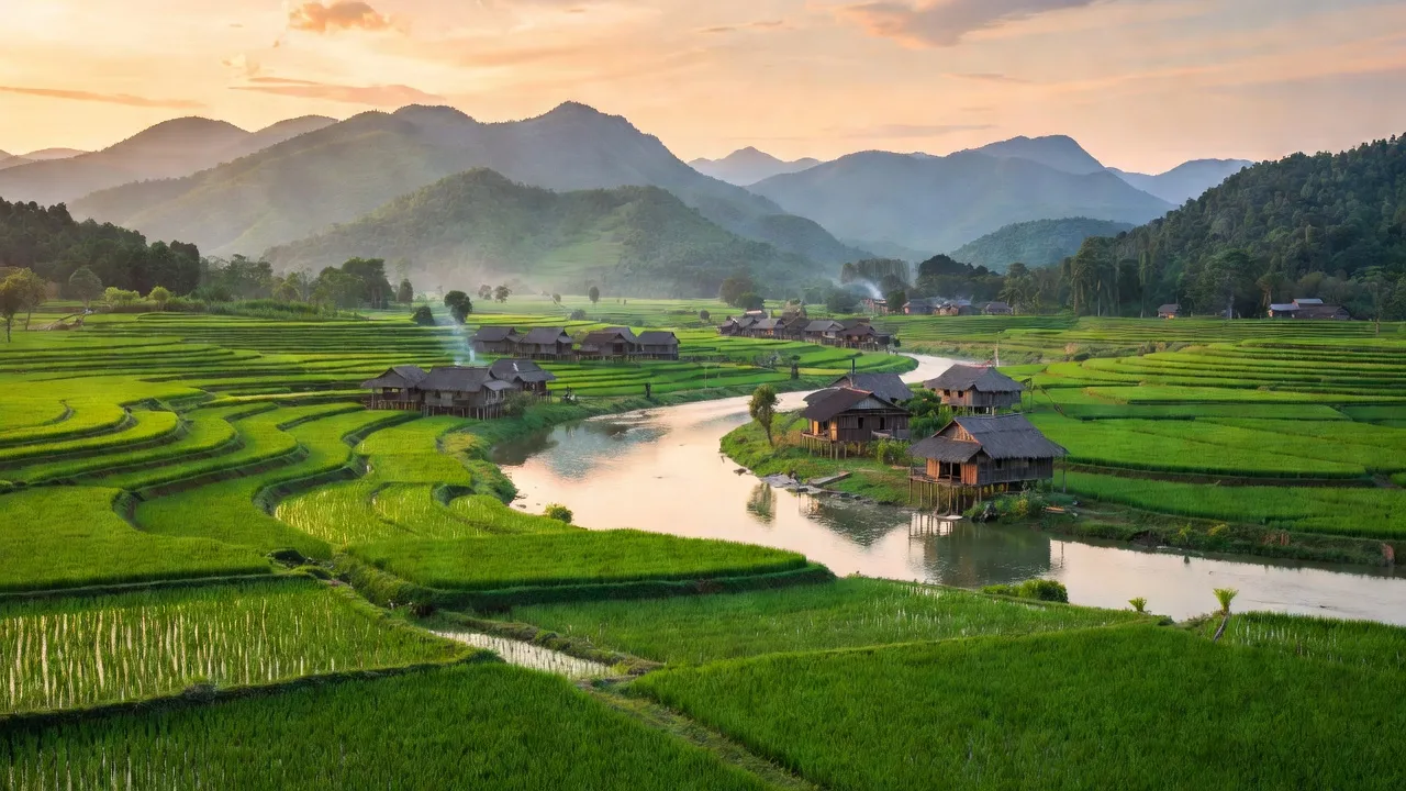 Khung cảnh đẹp ở xã Thanh Liên, huyện Thanh Chương, tỉnh Nghệ An với cánh đồng xanh và núi.