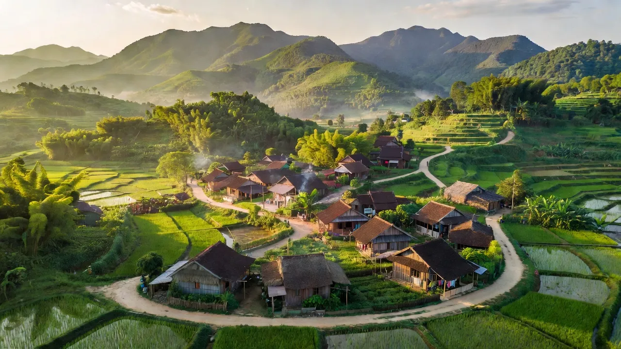 Cảnh đẹp xã Thanh Mỹ, huyện Thanh Chương, Nghệ An với núi non xanh tươi và nhà truyền thống.