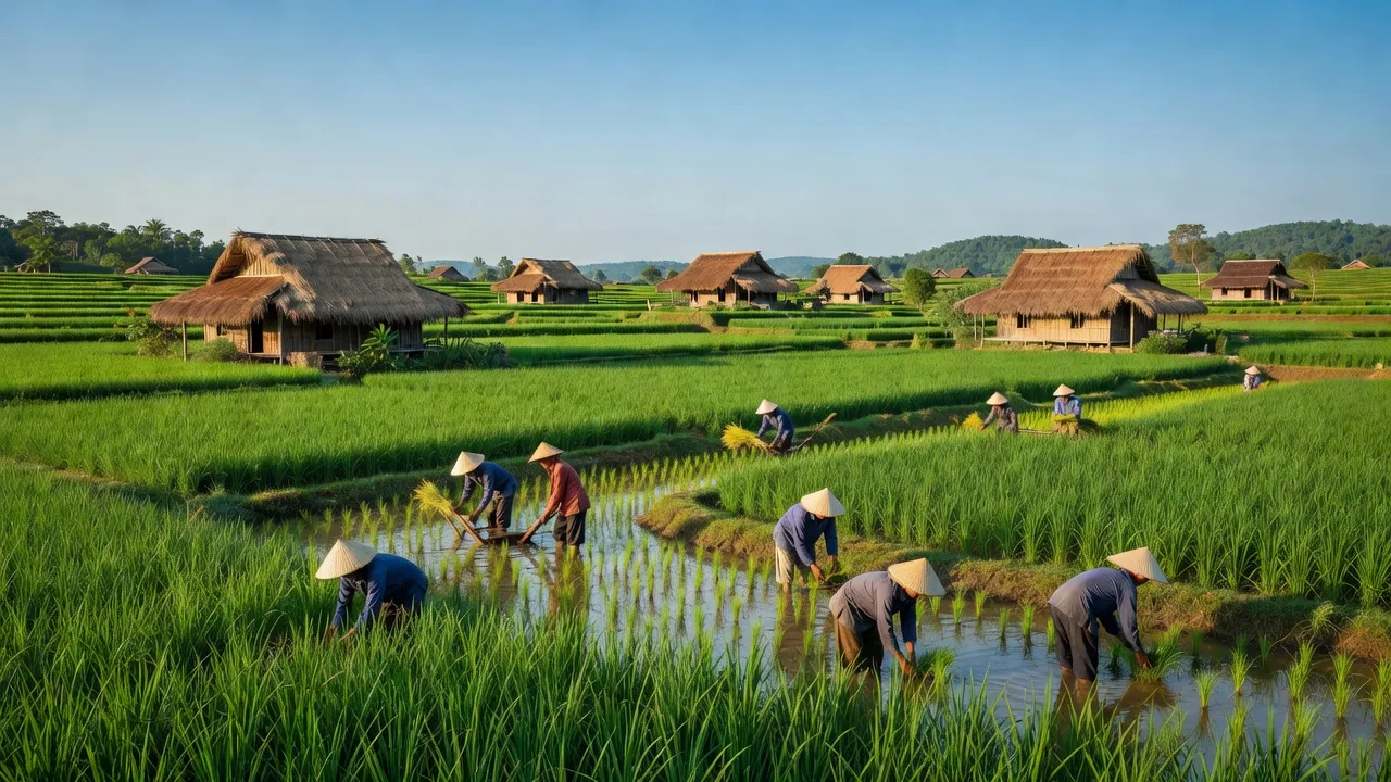 Cảnh làng Thanh Ngọc, Huyện Thanh Chương, tỉnh Nghệ An với cánh đồng xanh và nhà gỗ truyền thống.